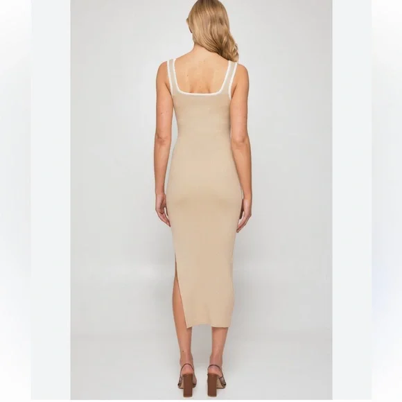 CRESCENT CONTRASTING TRIM RIBBED BODYCON TANK MIDI DRESS BEIGE & WHITE SIZE S - Picture 2 of 12